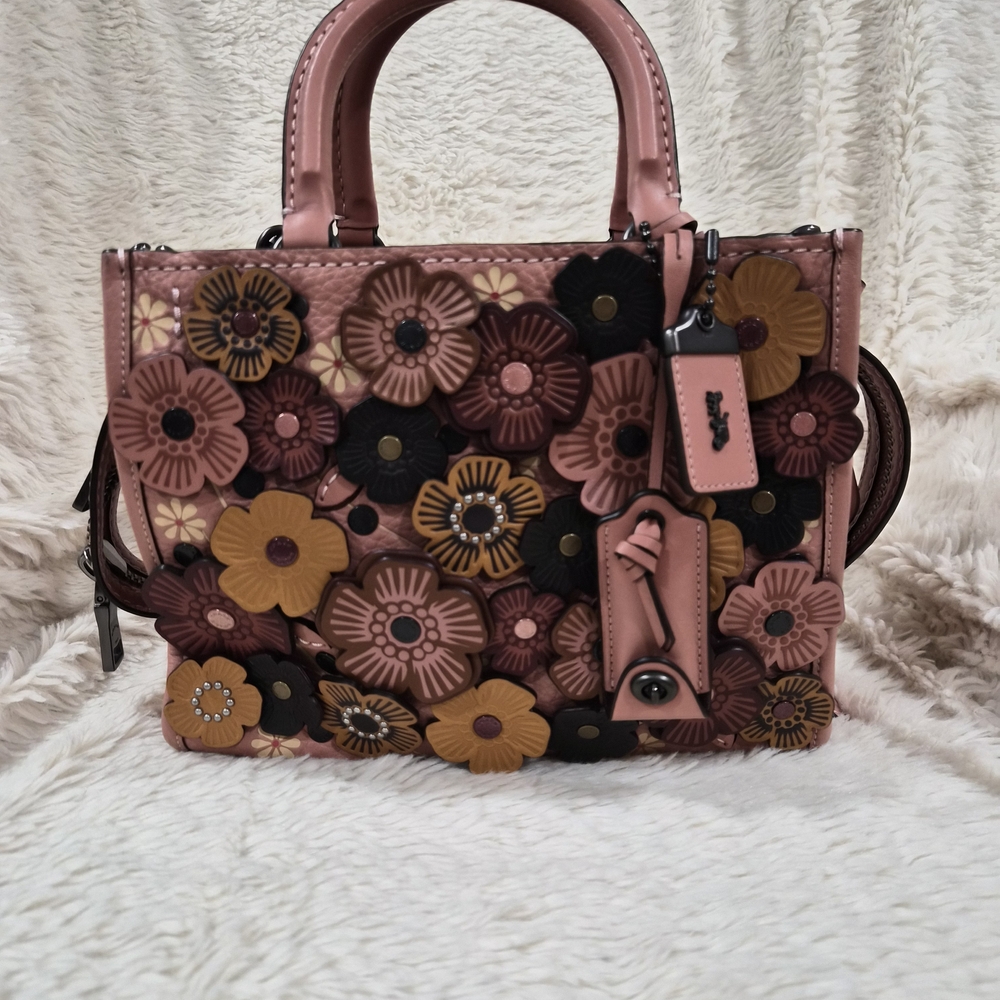 Floral Appliqué Pink Top-Handle Women's Bag